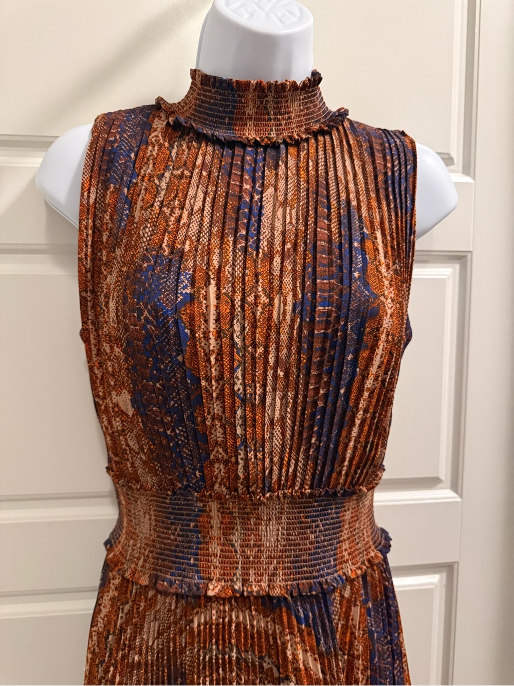 Nanette Lepore Sleeveless Pleated Mock-Neck Dress in Brown & Navy - Picture 2 of 10